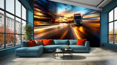 Modern cargo truck speeds along blurred highway at dusk Wall mural