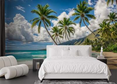 Palm Trees on a Sunny Tropical Beach with Mountains in the Background Wall mural