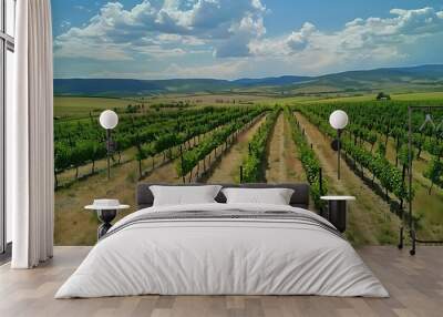 Panorama view of Green field with rows of vines. Ripe grapes for the production of fine wines. Wall mural