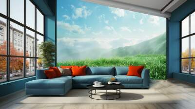 Scenic green rolling hills landscape with blue sky and clouds Wall mural