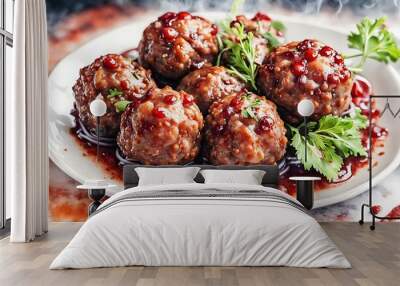 Steaming Meatballs with Cranberry Sauce and Parsley Wall mural