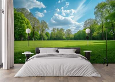 Vibrant spring nature backdrop with a pristine, neatly trimmed lawn and lush trees under a clear blue sky adorned with soft clouds on a sunny day Wall mural