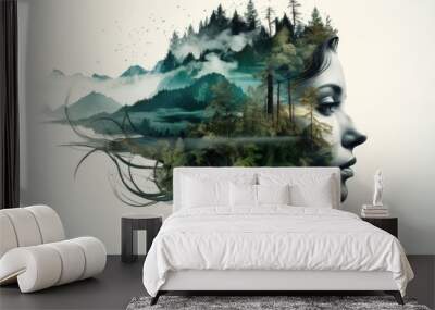 The image of a woman is mixed with the image of a forest and mountains. Abstract image of a woman. Environment. Unity with nature. Wall mural