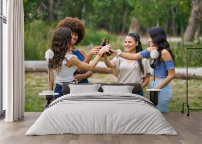 Four women are standing in a grassy field, holding up their beer bottles Wall mural