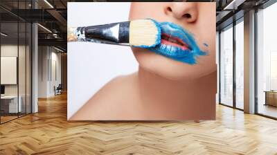 Blue acrylic color on lips Wall mural