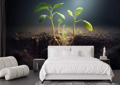 a young plant with roots sprouts in the ground,green vegetable sprouts grow in the soil, Generative AI Wall mural