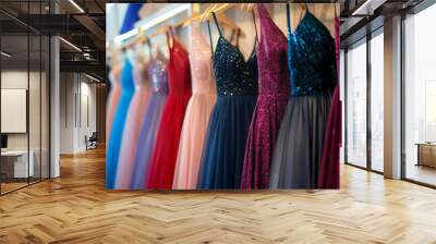 Elegant dresses for sale in luxury modern shop boutique, Prom gown, evening, bridesmaid dresses dress details. Dress rental for various occasions and events, generative ai Wall mural