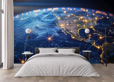 Network and data exchange over planet earth in space, Global network connection and data exchanges over the world, generative ai Wall mural