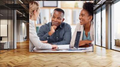 Black couple, financial advisor and investment planning meeting with bank documents and contract. Accounting, savings and budget consulting with banking management woman talking about payment Wall mural