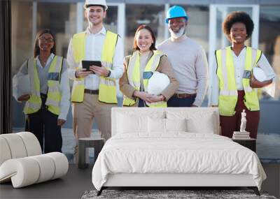 Group portrait of construction worker people, engineering or contractor team for career mindset, industry and building goals. Face of diversity employees and manager, industrial builder or architect Wall mural