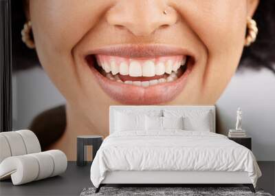 Smile, dental teeth and face of black woman in studio isolated on a white background. Tooth care, cosmetics and happiness of female model or person with lip makeup, gums and oral health for wellness Wall mural