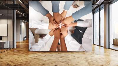 Teamwork, diversity and group holding hands in circle for support, trust and team building together. Business people in huddle standing in solidarity at office workshop and commitment goal from above Wall mural