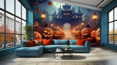 カボチャ、ハッピーハロウィン、トリックオアトリート、お城、夜のお祭り16 Wall mural