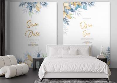 navy blue leaves and gold wedding invitation card watercolor
 Wall mural