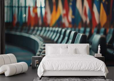 European Parliament Chamber with Empty Seats and Flags of Member States	 Wall mural