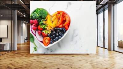 Heart shaped plate with healthy food on white background. Wall mural