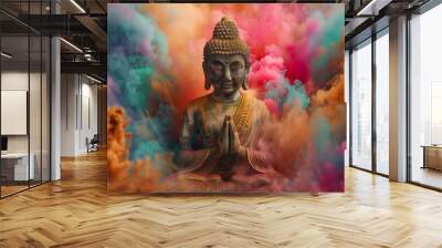 Stone statue of buddha meditating against color explosion background Wall mural