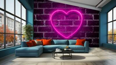 Bright hearts neon sign.Retro red brick wall background background.Happy Valentine's Day design Wall mural