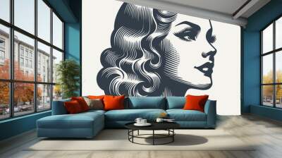 Retro girl portrait. Vintage woodcut engraving style vector illustration. Wall mural