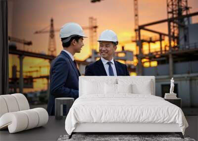 Business Meeting Between Two Asian Architects at a Construction Site at Sunset Wall mural