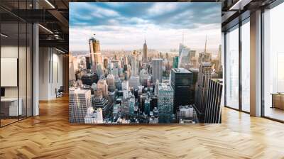 Panoramic shot of the New York city skyline on a beautiful sunny day during golden hour Wall mural