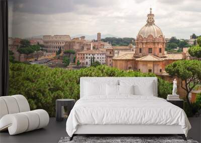 Panoramic view of Colosseum, via Fori Imperiali and Santi Luca e Martina church, Rome, Italy Wall mural