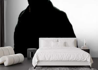 silhouette of man in trench coat on bright white background. white background. black silhouette of a person looking back. erect and strong pose of man silhouette.  Wall mural