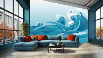 high tide sea water waves Background. illustration of waves in the rising blue sea, with white background. Wall mural