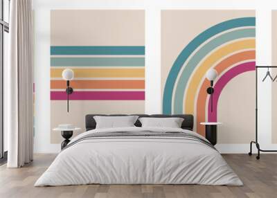 Abstract rainbow colours retro groovy lines bold 4 backgrounds bundle set collection. pink orange yellow blue stripes. Wall mural