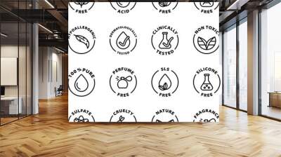 natural cosmetics icon set, icons. Isolated vector black outline stamp label rounded badge product tag on transparent background. Symbols. Paraben free, Non toxic, silicone free, cruelty free. Wall mural