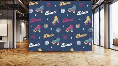 retro rollers skates  disco groovy funky seamless pattern on dark blue background Wall mural