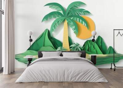 Tropical island scene in paper cut-out style with palm tree Wall mural