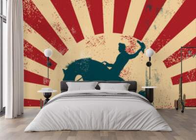 Grunge background, cowboy riding wild horse, vector Wall mural