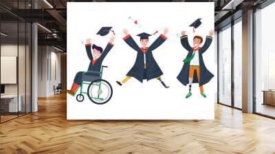 Happy disables students in different sex and nationalities jumping with joy. Vector Illustration Wall mural