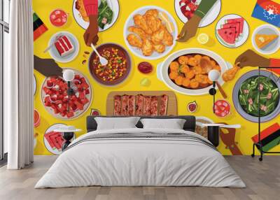 Happy Juneteenth, Top view family dining together. Vector Wall mural