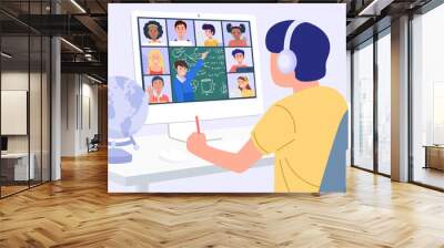 Home Education Concept. A boy learning with computer at home. Vector Wall mural