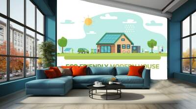 Illustration of happy family and eco friendly sustainable modern house Wall mural