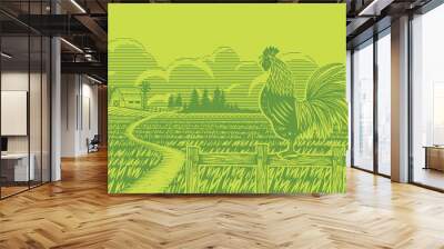 Rooster crowing at rice field in the morning with sun rising background in woodcut style Wall mural