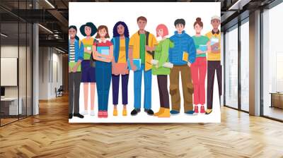 Set of multicultural students dressed casual holding books isolated on white background, vector illustration Wall mural