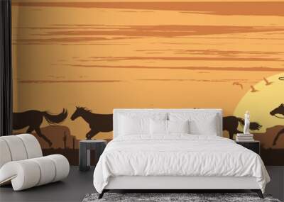 Silhouette of a cowboy chasing wild horses in desert, Vector Wall mural