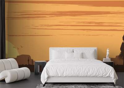 Silhouette of Cowboy couple riding horses at sunset, vector Wall mural