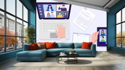 Top view of two people having video conference on tablet and notebook with his friends at home. Vector Wall mural