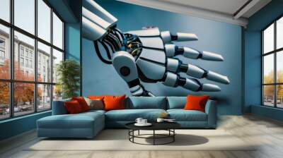 A futuristic robotic hand with metal fingers and a chrome finish. Wall mural