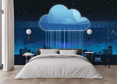 A highly stylized representation of cloud computing. The image shows a large, semi-transparent cloud floating above a cityscape,with streams of binary code flowing in and out of the cloud. Wall mural