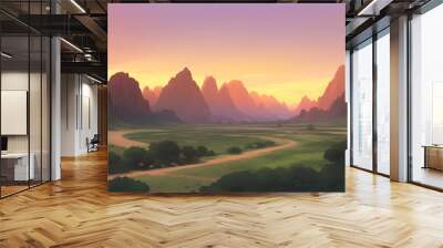 Beautiful Nature Mountains Scenery During Sunset or Sunrise Detailed Hand Drawn Painting Illustration Wall mural