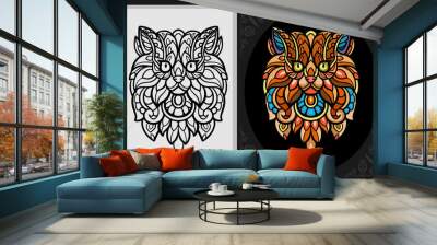 Colorful cat head zentangle art with black line sketch isolated on black and white background Wall mural