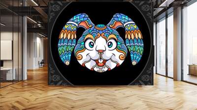 Colorful easter rabbit head mandala arts isolated on black background Wall mural