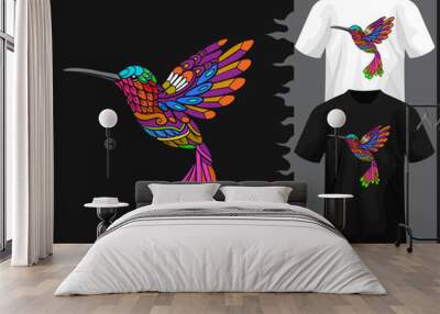 Colorful Humming bird mandala arts isolated on black and white t shirt. Wall mural