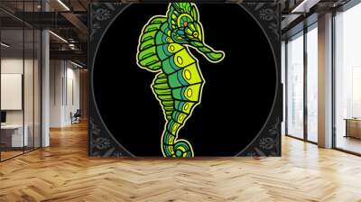 Colorful sea horse mandala arts isolated on black background Wall mural