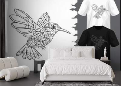 Humming bird mandala arts isolated on black and white t shirt. Wall mural